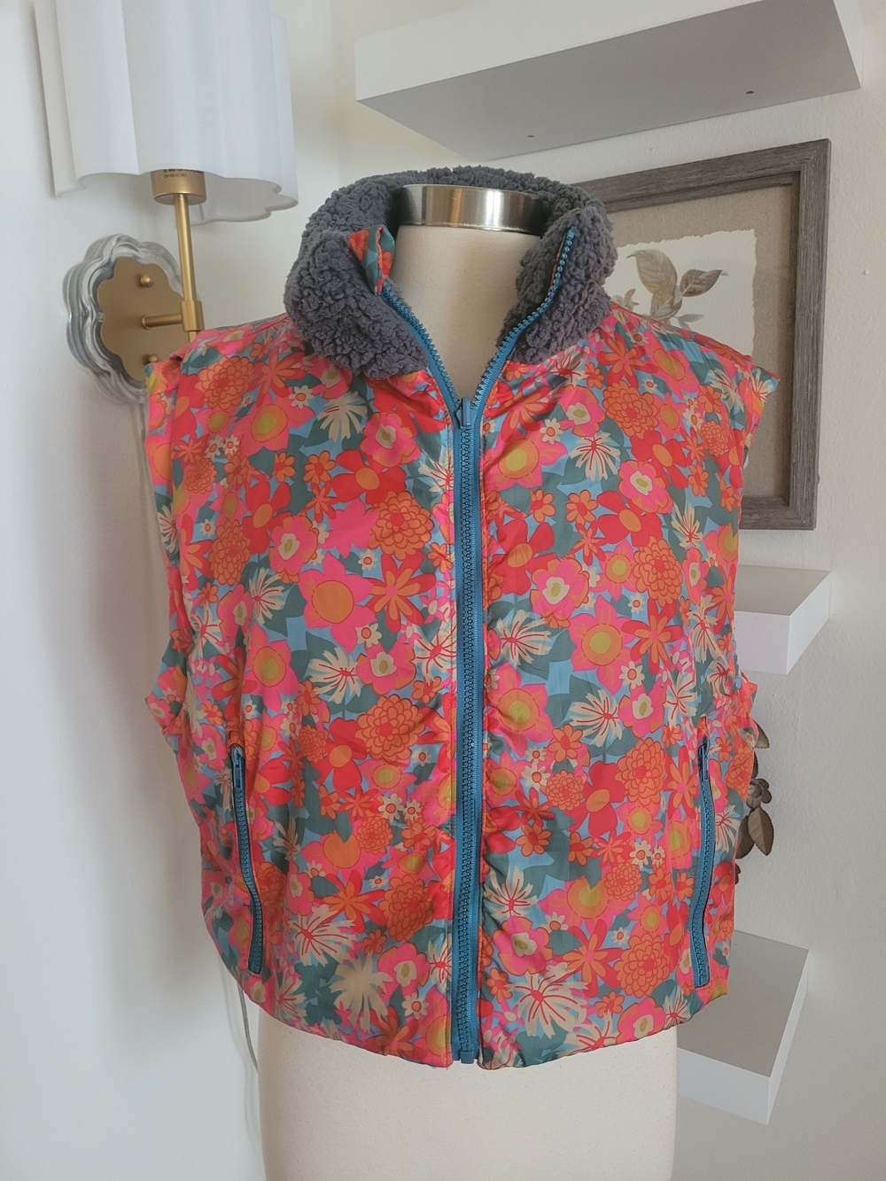 NATURAL LIFE Pink Multi Floral Puffer Vest with Sherpa Collar